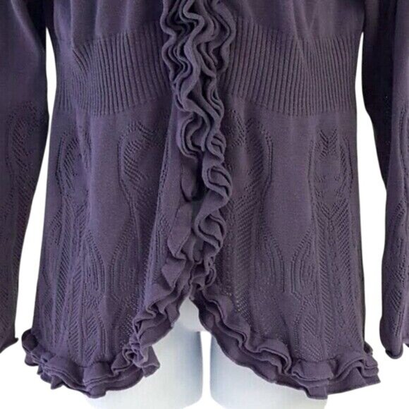 ELLE Womens Cardigan Sweater Purple Size Small Cutout Ribbed Ruffle Long Sleeve - Picture 3 of 7